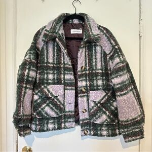 Calvin Klein Plaid Wool Blend Jacket Shacket Green Lavender Cozy Button Front M